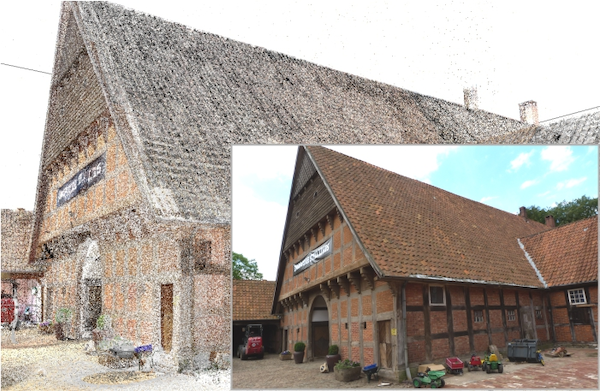 Historisches Fachwerk Punktwolke und Realbild